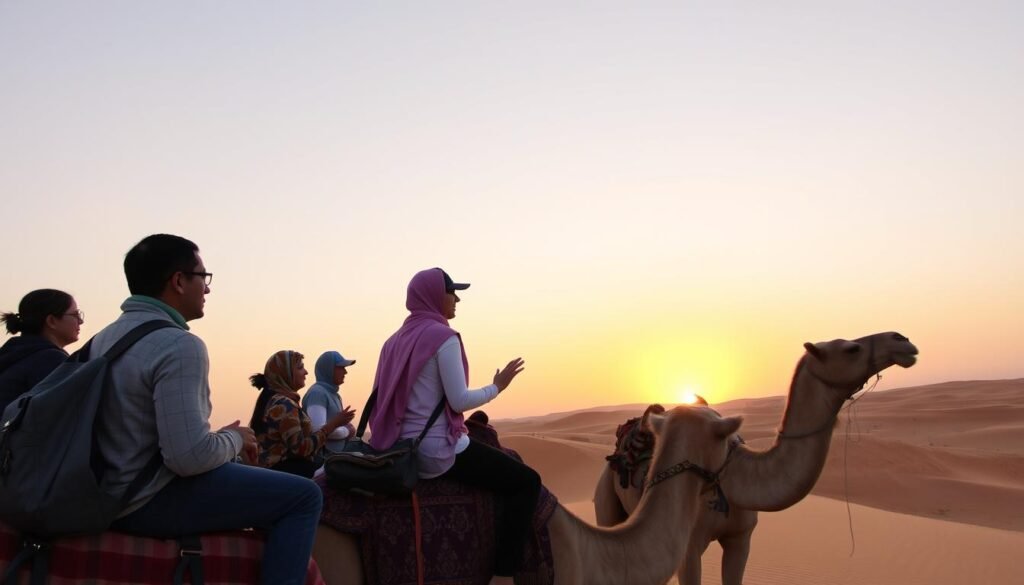 A guided tour group exploring the Sahara Desert, showcasing affordable tour options in Morocco A guided tour group exploring the Sahara Desert, showcasing affordable tour options in Morocco