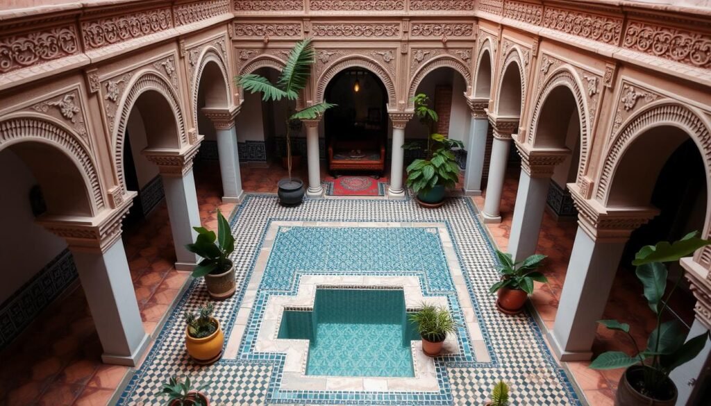 A traditional riad courtyard in Marrakech with a pool, representing the unique Airbnb options available A traditional riad courtyard in Marrakech with a pool, representing the unique Airbnb options available