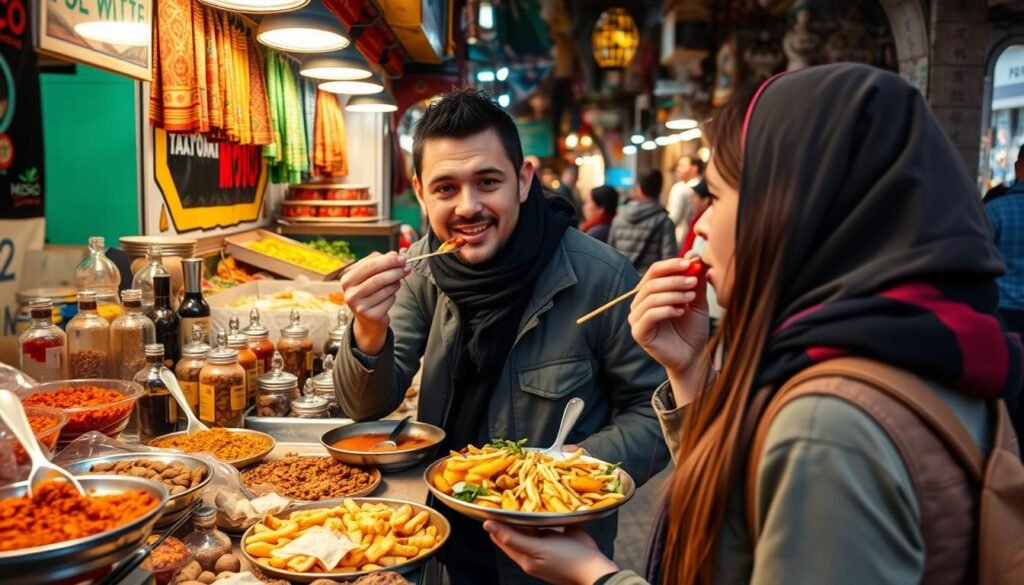 A traveler enjoying affordable street food in a Moroccan market, demonstrating budget travel tips A traveler enjoying affordable street food in a Moroccan market, demonstrating budget travel tips
