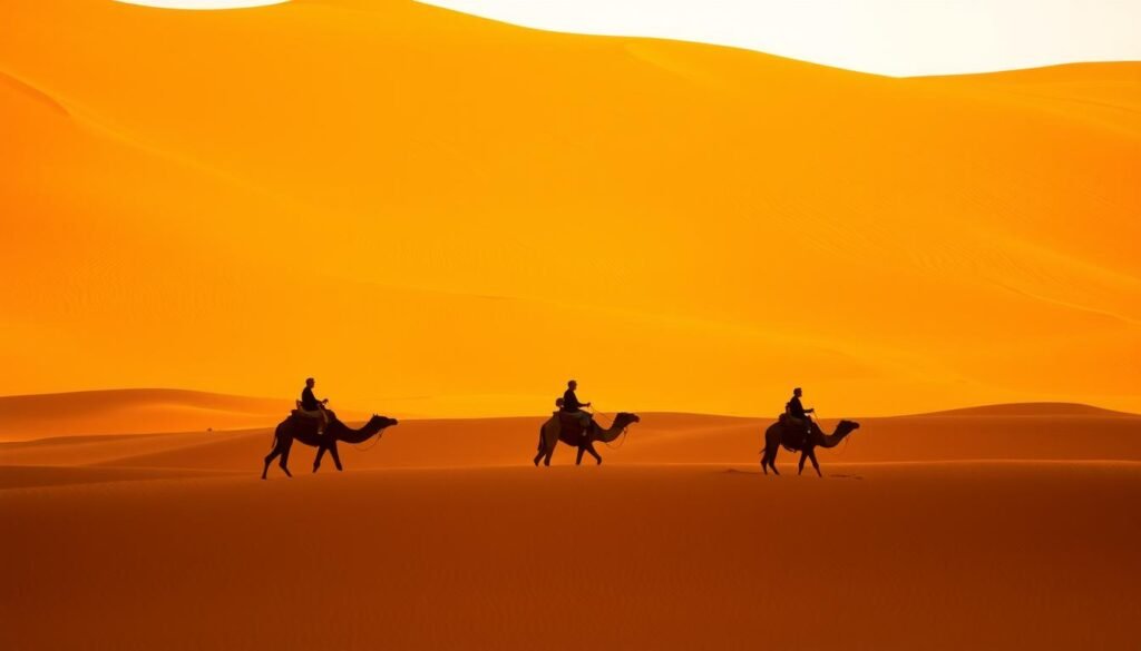 Camel caravan crossing the Sahara Desert dunes near Merzouga, an essential experience among the best places to visit in Morocco Camel caravan crossing the Sahara Desert dunes near Merzouga, an essential experience among the best places to visit in Morocco
