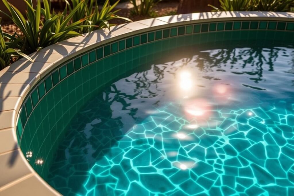 Close-up of the emerald-tiled plunge pool at Yves Saint Laurent vacation house Morocco