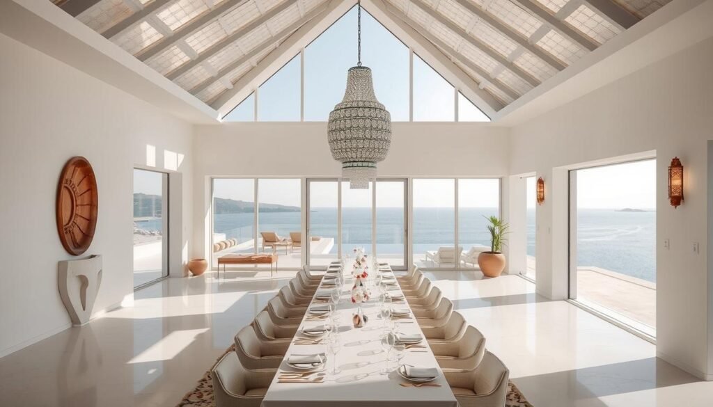 Elegant dining pavilion at Yves Saint Laurent vacation house Morocco with sea views