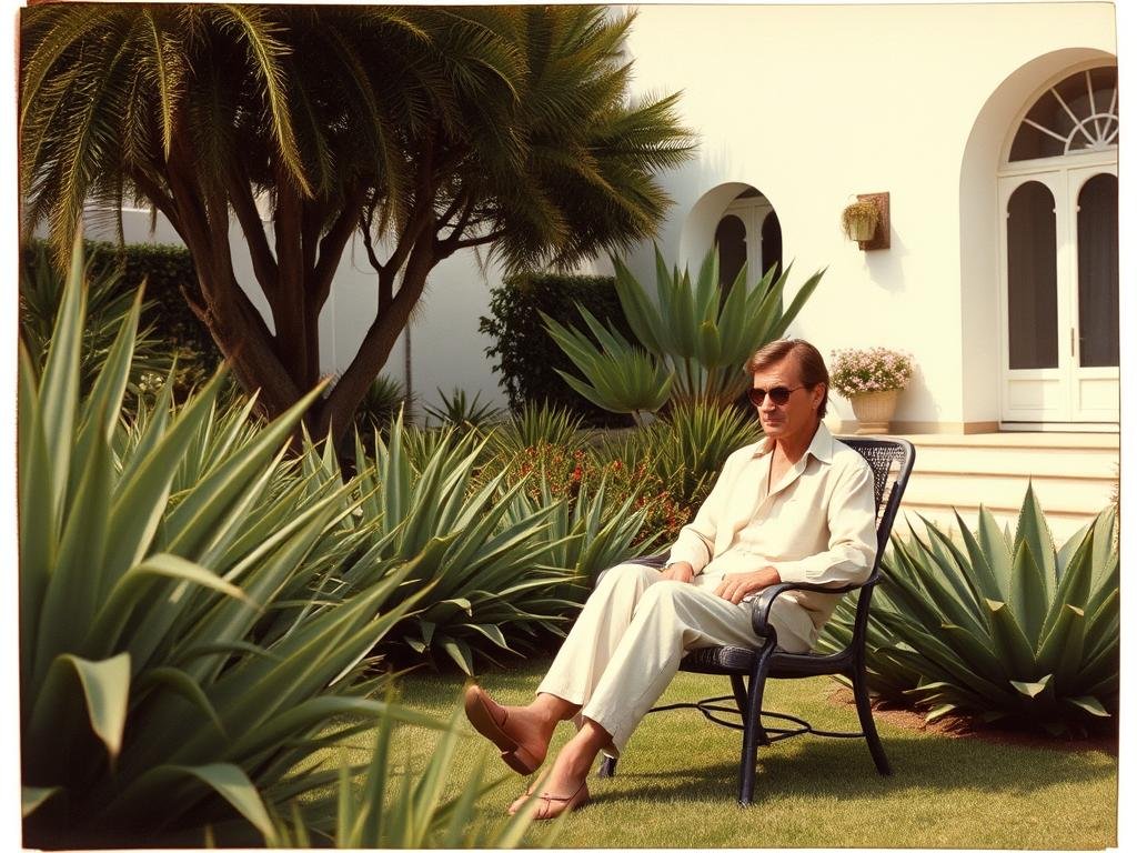 Historical photograph of Yves Saint Laurent in his Moroccan vacation house garden, showcasing the designer's connection to Villa Mabrouka
