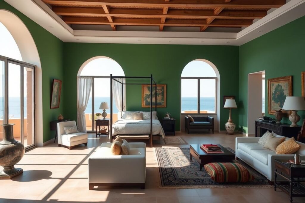 Interior view of a color-themed room in Yves Saint Laurent vacation house Morocco, showing the distinctive design approach