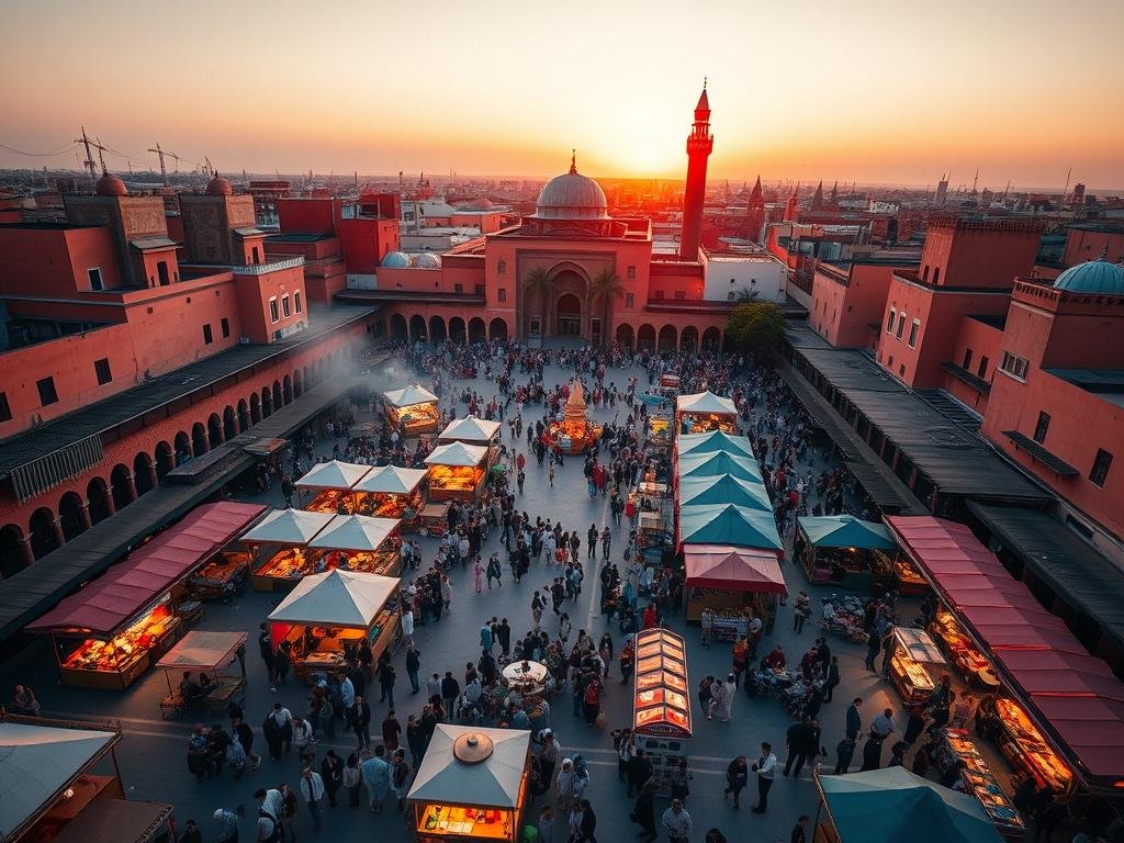 Jemaa el-Fna square in Marrakech, one of the best places to visit in Morocco, bustling with activity at sunset Jemaa el-Fna square in Marrakech, one of the best places to visit in Morocco, bustling with activity at sunset