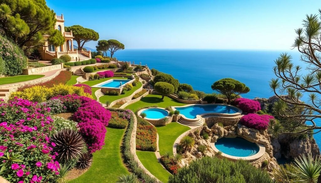 Panoramic view of the gardens and pools at Yves Saint Laurent vacation house Morocco with the Mediterranean Sea in the background