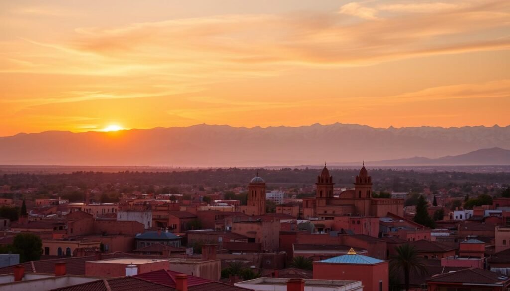 Sunset over Marrakech with the Atlas Mountains in the background, inspiring travelers to visit Morocco Sunset over Marrakech with the Atlas Mountains in the background, inspiring travelers to visit Morocco
