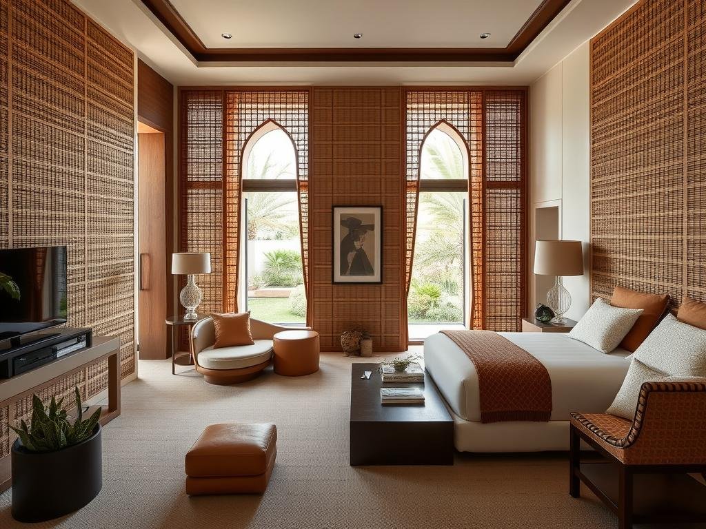The Rabat Suite at Yves Saint Laurent vacation house Morocco showcasing rattan elements and textural design