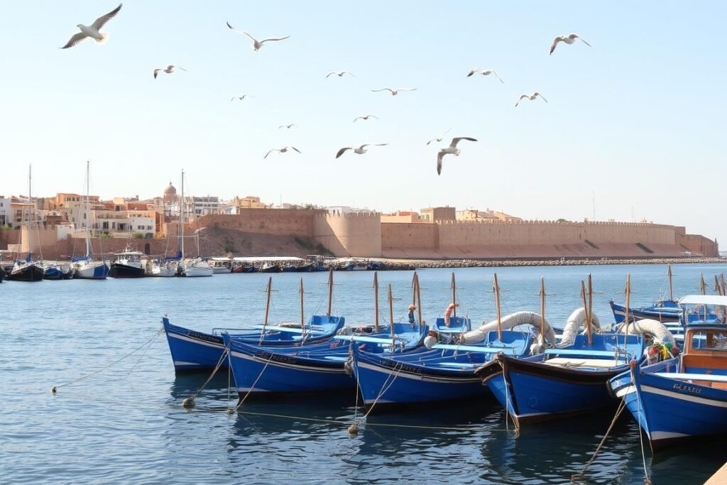The picturesque port of Essaouira with its blue fishing boats, one of the most charming places to visit in Morocco The picturesque port of Essaouira with its blue fishing boats, one of the most charming places to visit in Morocco