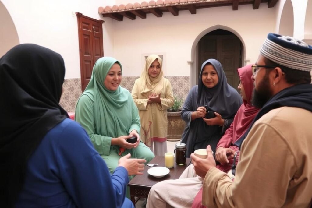 Travelers interacting respectfully with local Moroccans, demonstrating cultural awareness Travelers interacting respectfully with local Moroccans, demonstrating cultural awareness